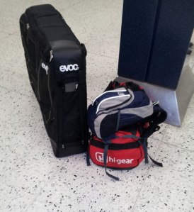 Ready to fly... Evoc bike bag at kit at Manchester Aiport